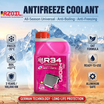 RZOIL R34 Pre-mixed Car Coolant - Organic Acid Technology OAT Radiator Fluid (1L)
