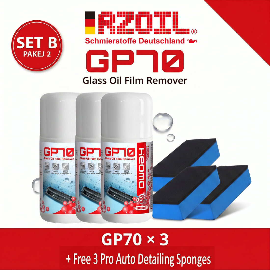 RZOIL Complete Windshield Clarity Kit - GP70 Glass Oil Film Remover & GP80 Pro Care Set